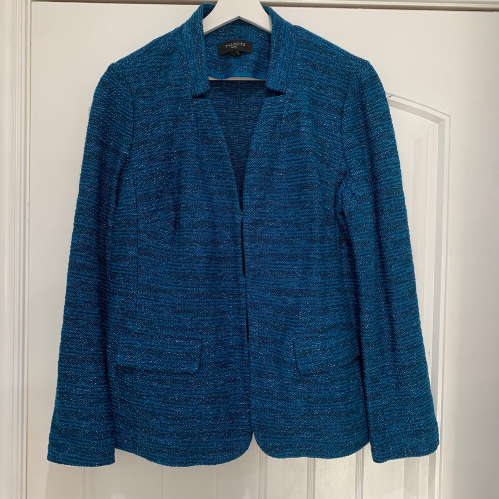 Talbots Petites 16P Blue Metallic Marled Open Front Knit Blazer Jacket